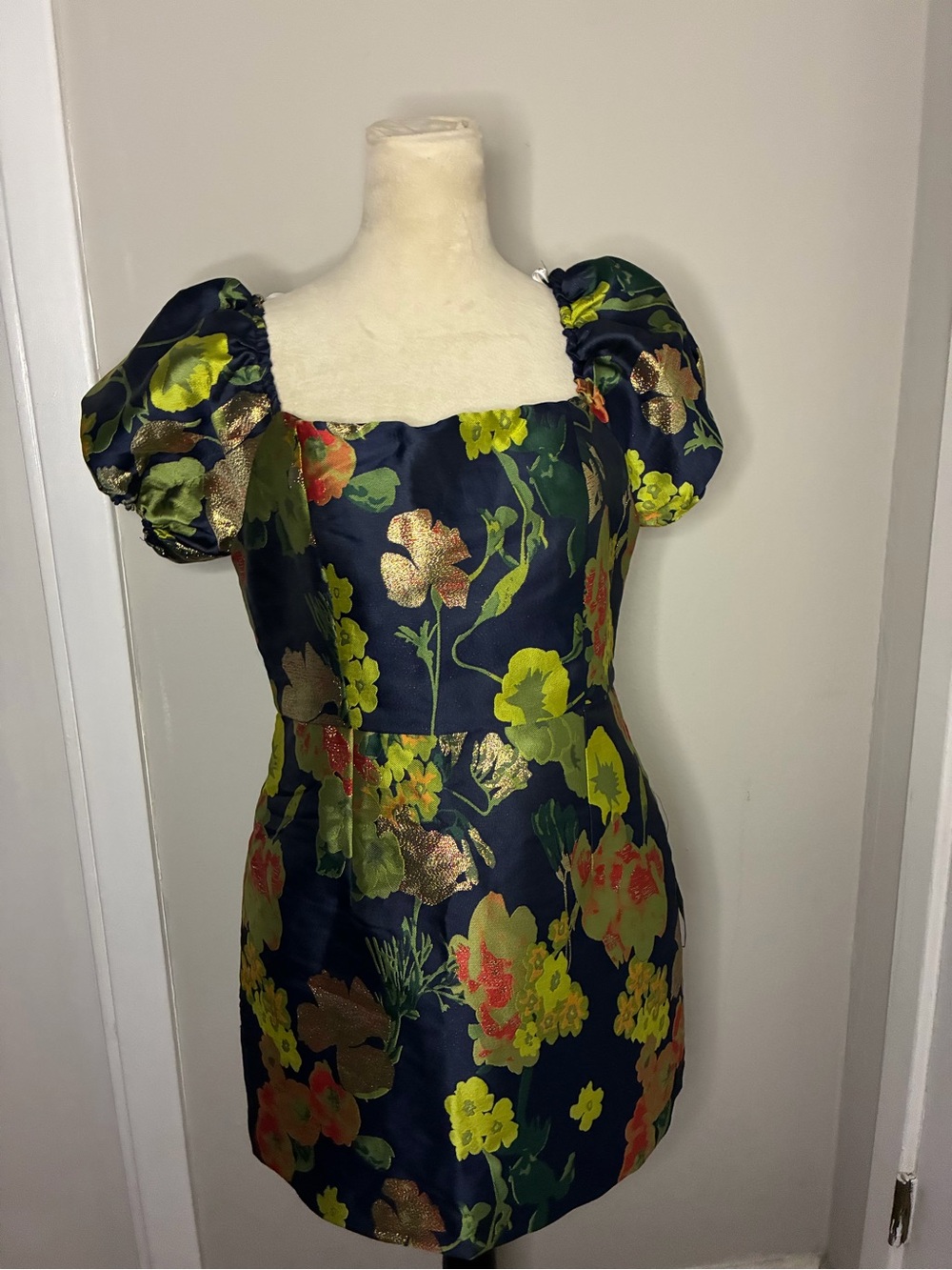 Lulus Navy Blue Floral Jacquard Puff Sleeve Mini Dress